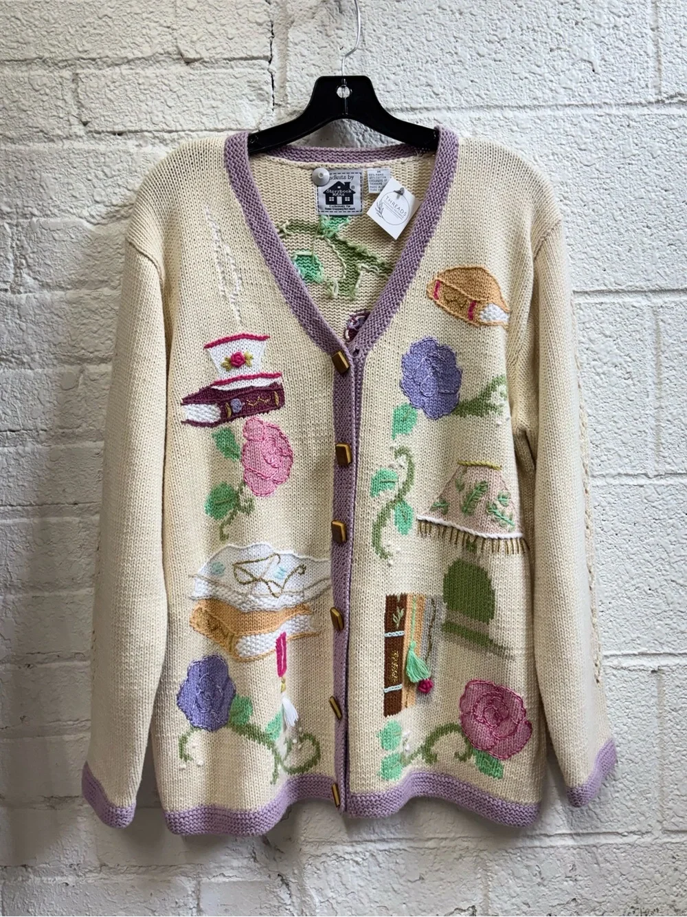 Vintage Storybook Knits Cream Reading Cardigan with Lavender Trim